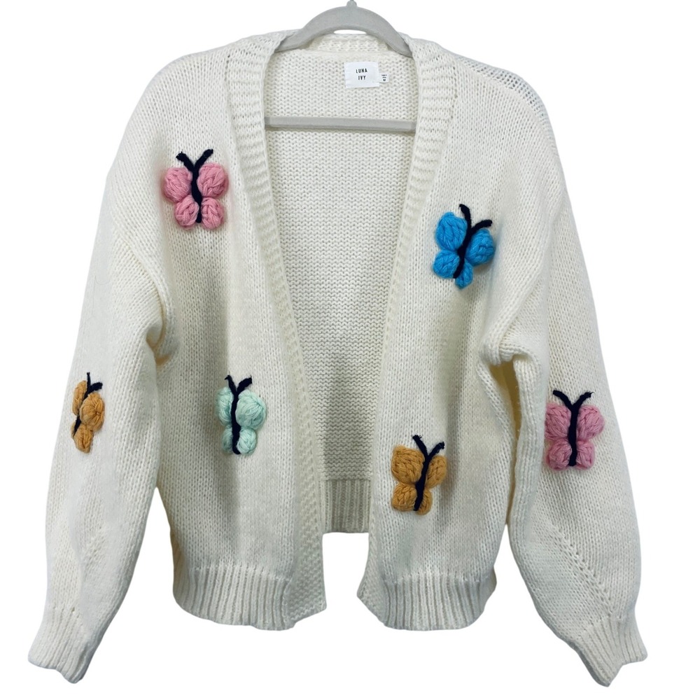 Luna Ivy Size Medium Butterfly Cardigan White 3D Applique Open Front Pastel Boho